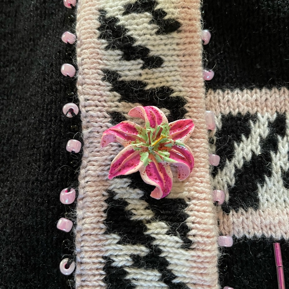 Storybook Knits Women's Black Cardigan Sequins Garden Lilies sweater - Picture 5 of 6